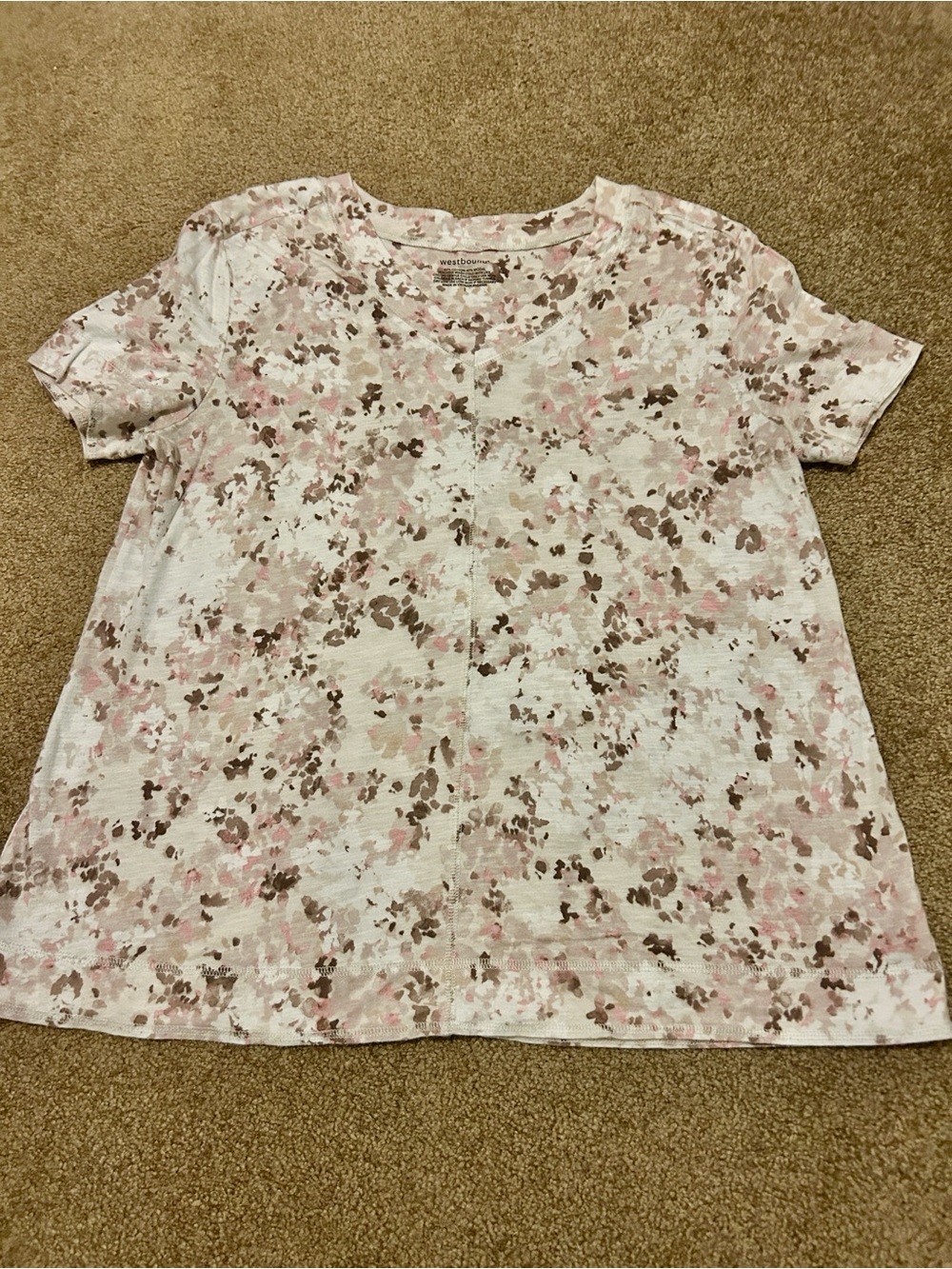 Westbound Short Sleeve V-Neck Top White Print Size Large